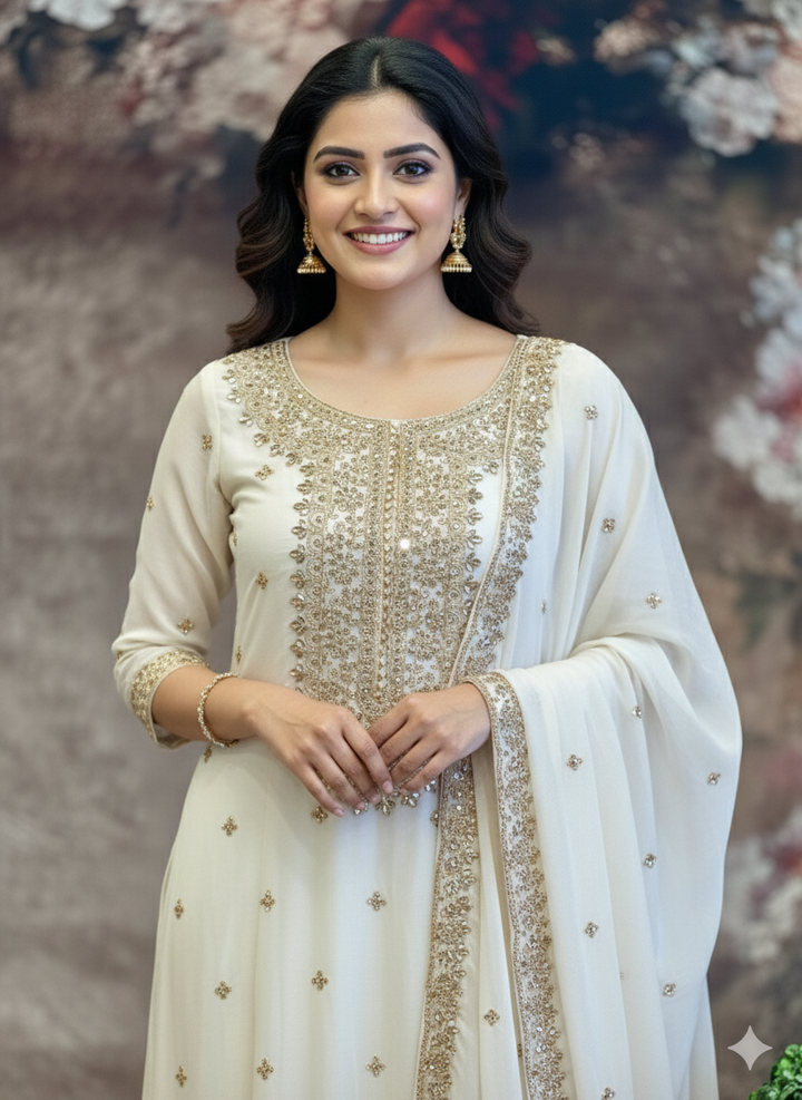 White Heavy-Embroidered Designer Sharara Set