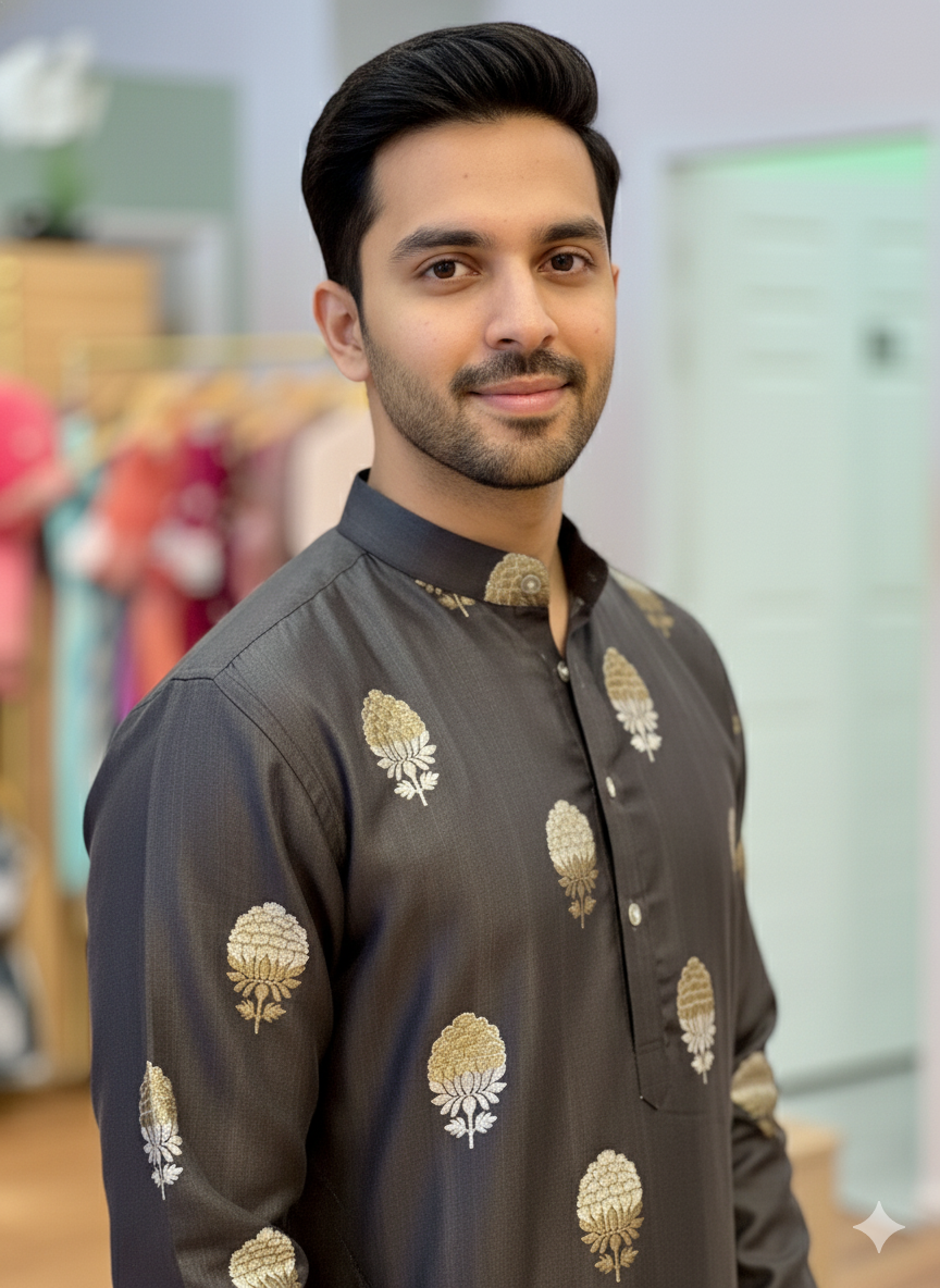 Black Banarasi Silk Kurta With Pajama