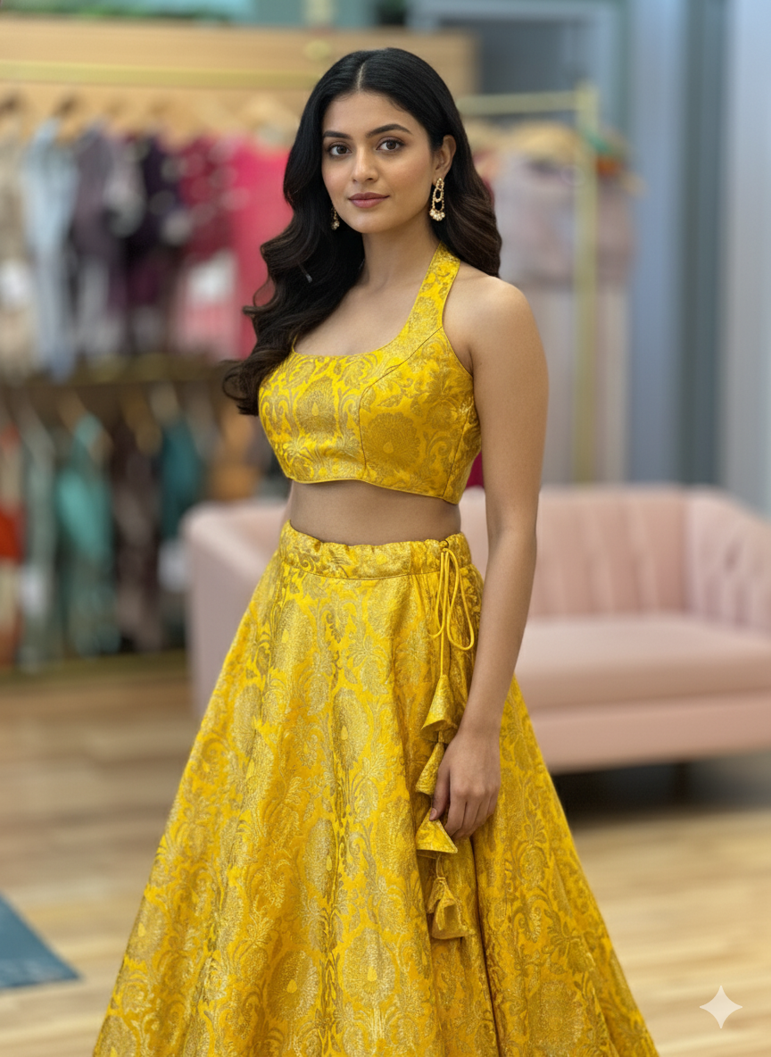 Yellow Banarasi-Silk Brocade Lehenga And Blouse With White Dupatta