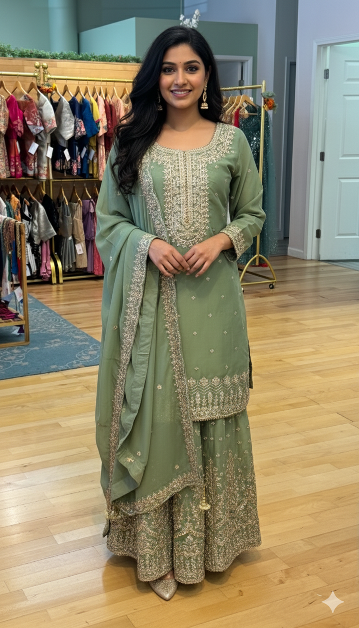Sage Green Embroidered Sharara Set
