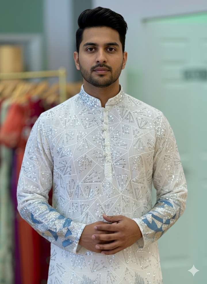 White Sequins Embroidered Kurta And Pajama