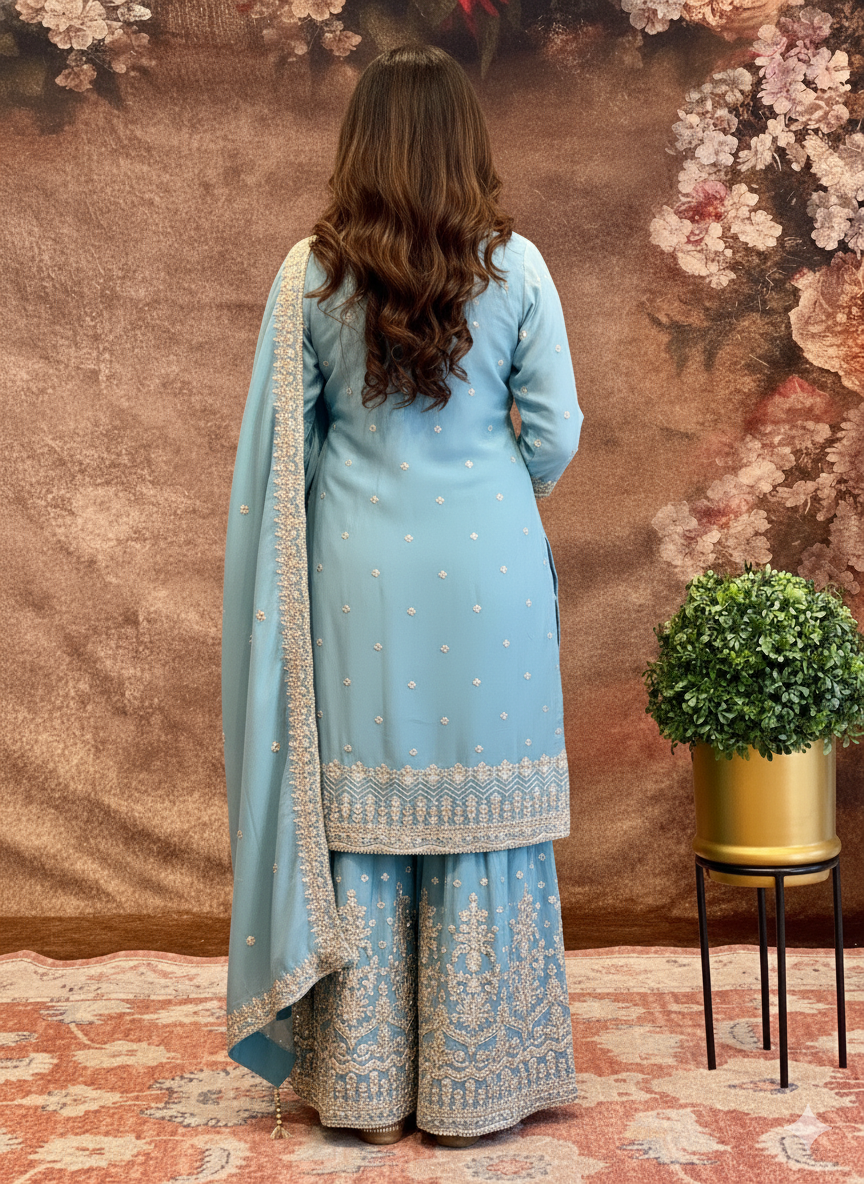 Baby-Blue Heavy-Embroidered Sharara Set