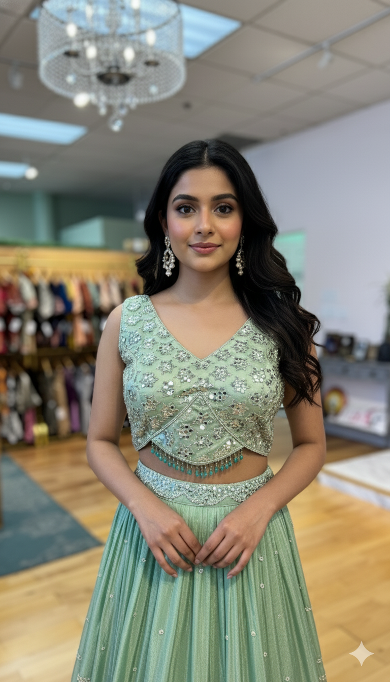 Peppermint Color Lehenga Set With Cutdana And Sequins Embroidery