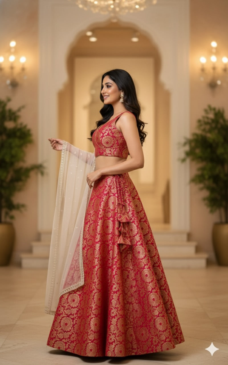 Red Benares Silk Lehenga