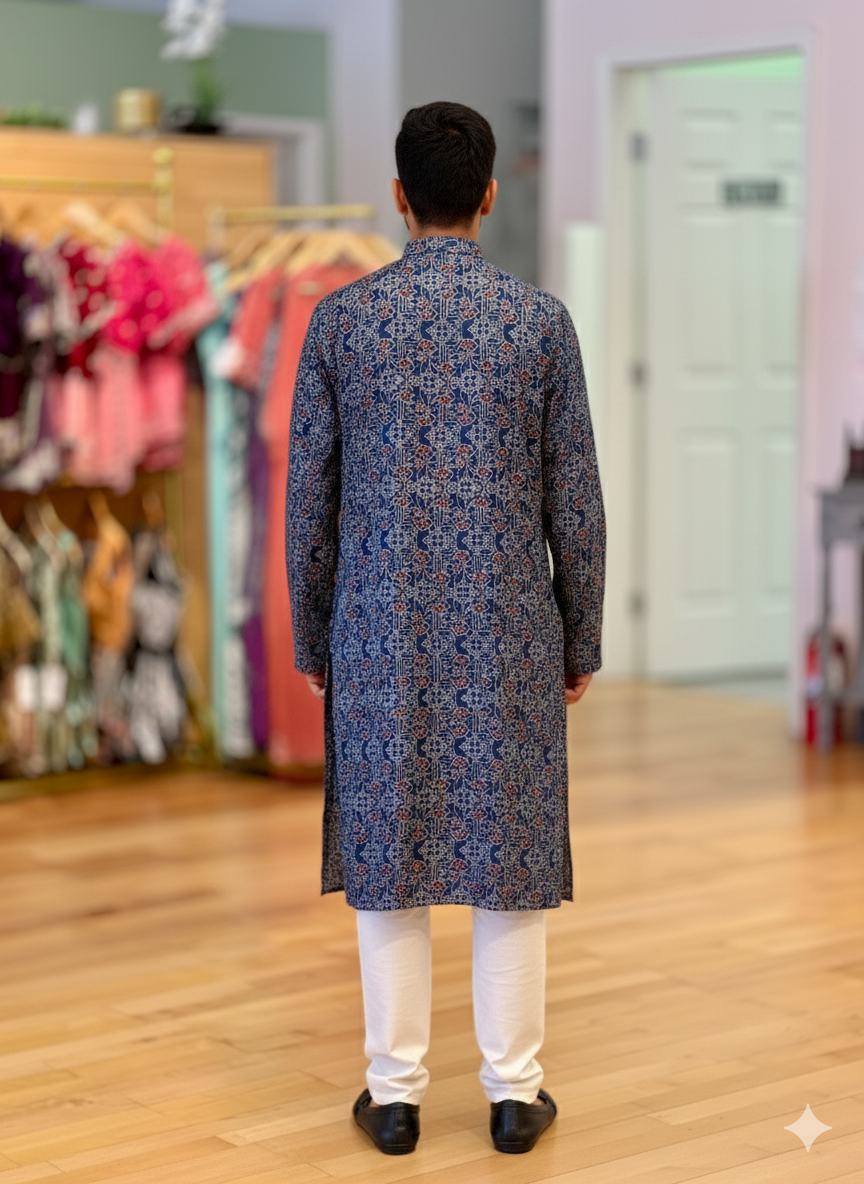 Indigo-Blue Gaji Silk Ajrakh Kurta