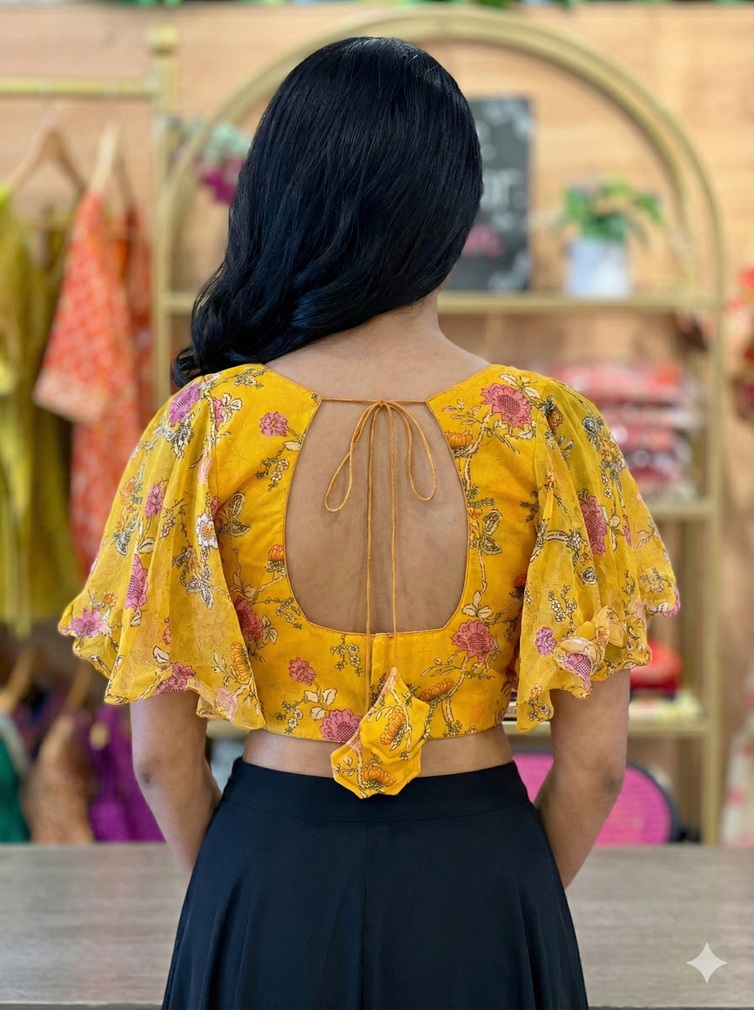 Yellow Floral Print Bell Sleeves Blouse