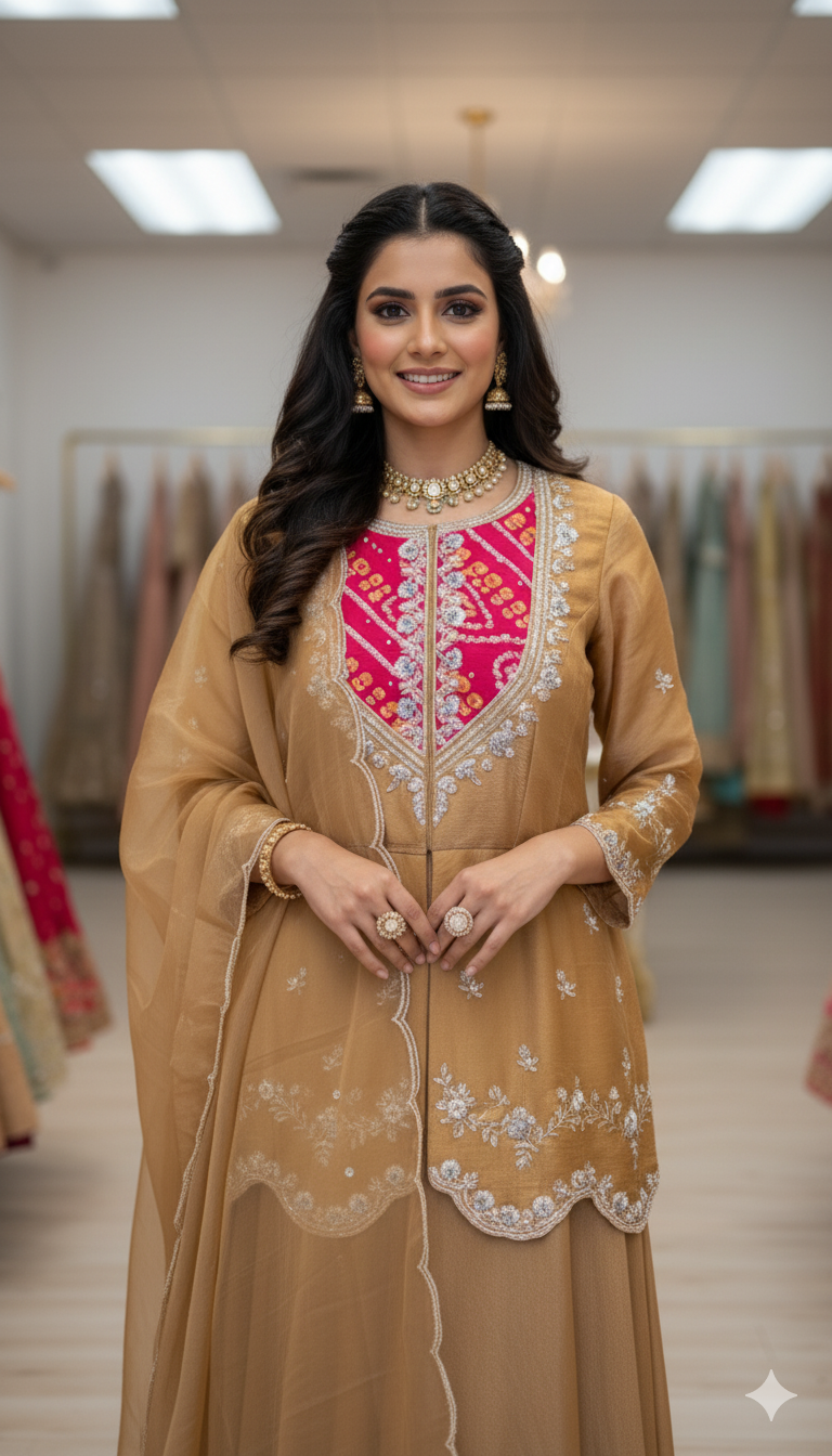 Sunset Gold Tissue Embroidered Sharara Set