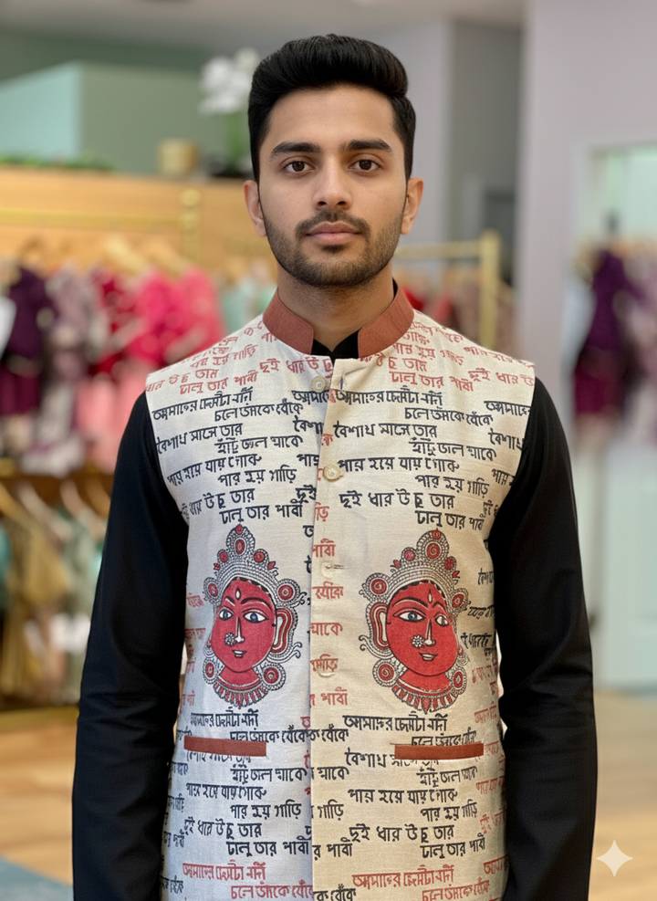 Off-White Color Base Goddess Durga Face And Calligraphy Block Print Vest