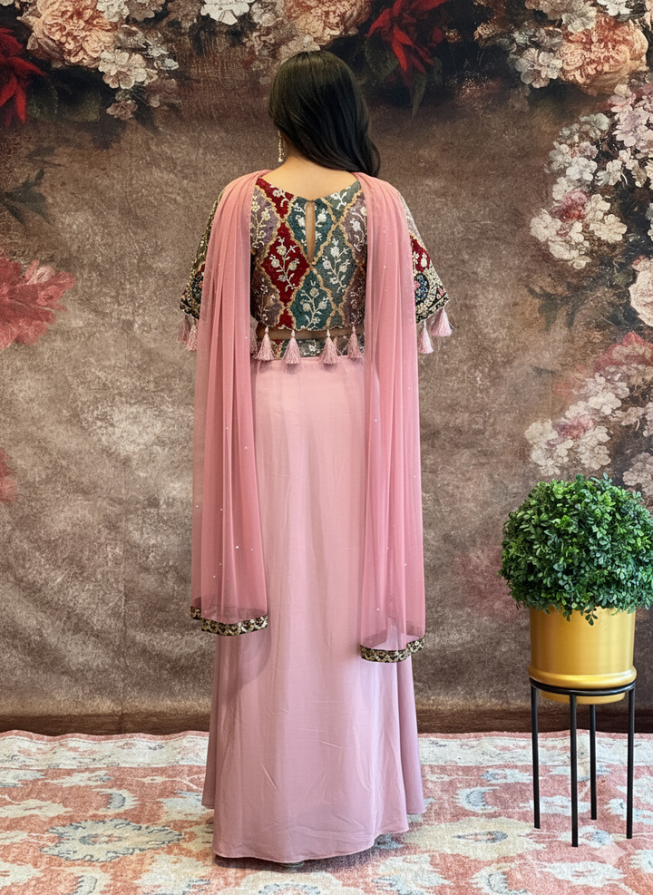 Mauve Pink Draped Skirt With Multi Color FLoral Blouse And Dupatta