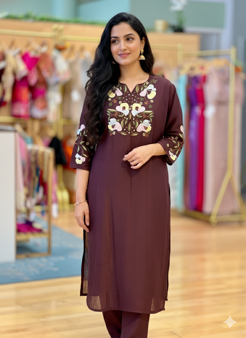 Dark Brown Mul Chanderi Salwar Set