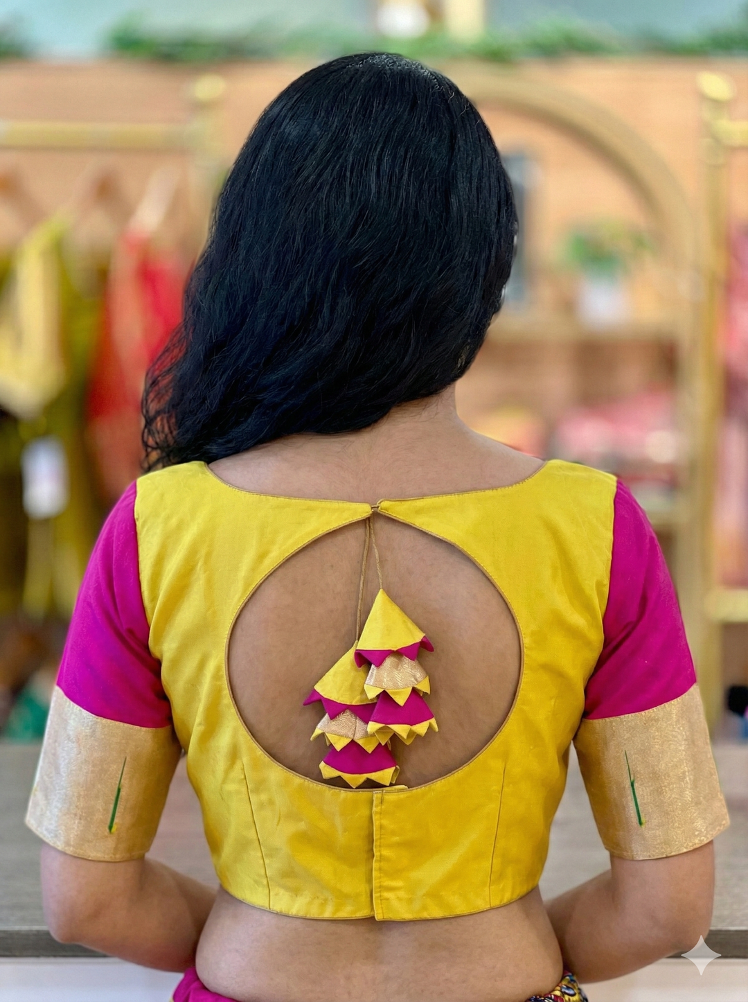 Yellow And Pink Silk Blouse With Paithani Sleeves