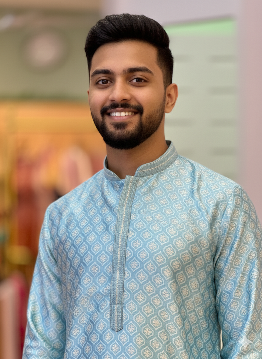 Sky-Blue Banarasi Jacquard Kurta And Pajama