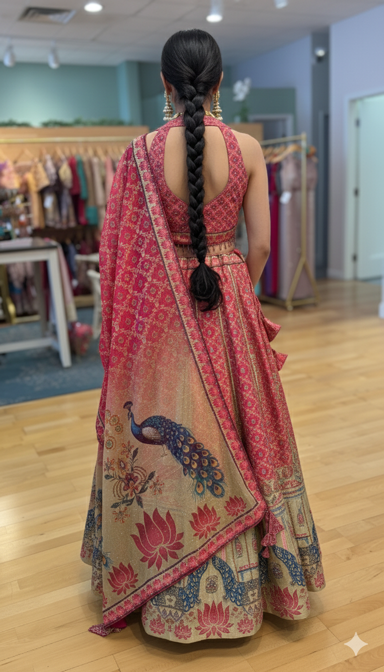 Pink And Gold Combination Embroidered Lehenga Set With Peacock Motifs