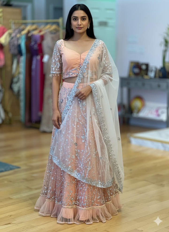 Pastel Peach And Silver Sequins Embroidered Lehenga Set
