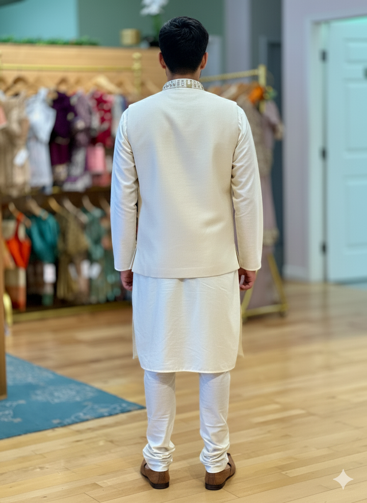 Cream Color Kurta Pajama With Embroidered Vest