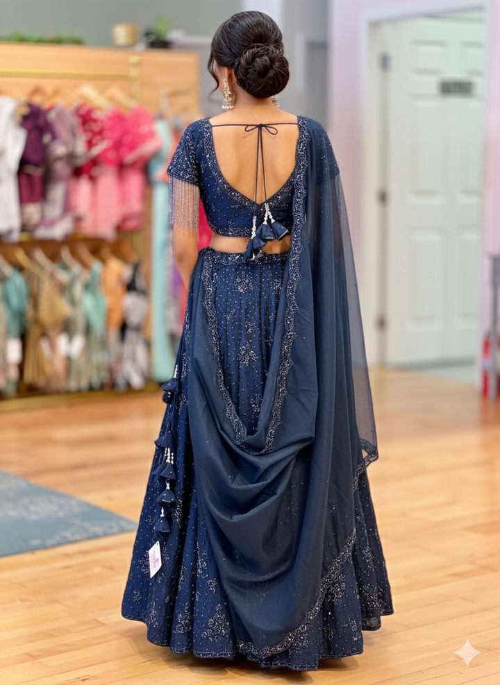 Ink Blue Hand Embroidered Lehenga