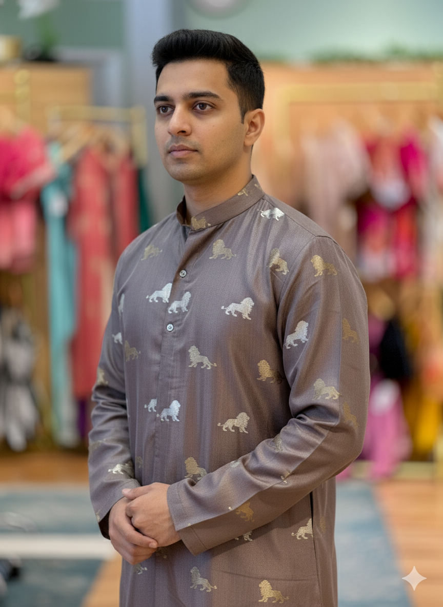 Slate Grey Banarasi Silk Kurta With Pajama