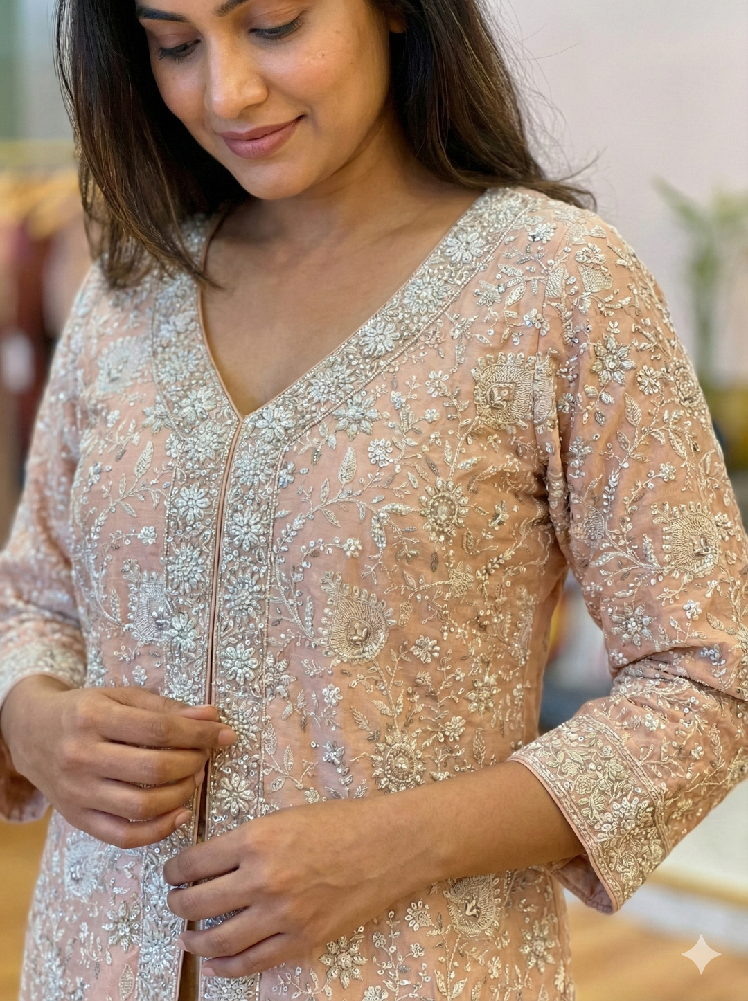 Pastel Peach Chikankari Embroidered Sharara Set With Choker Dupatta