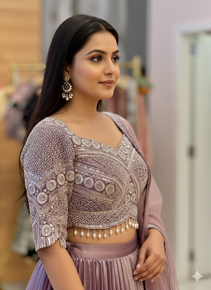 Pastel Mauve Crushed Tissue Lehenga With Embroidered Blouse And Dupatta