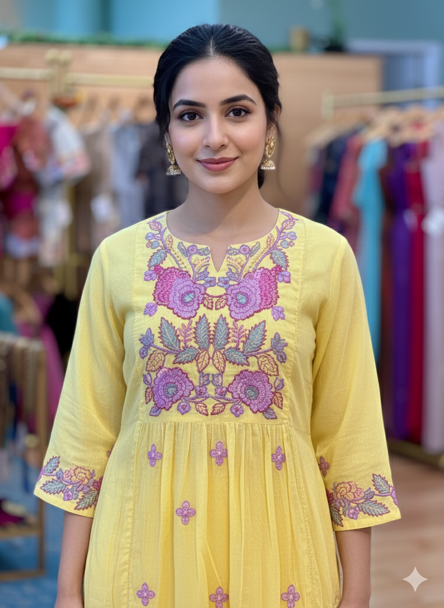 Yellow Mul Chanderi Anarkali Salwar Set