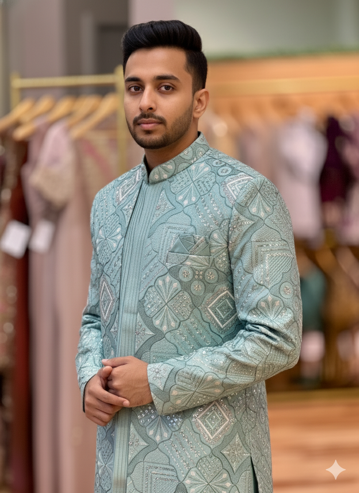 Pastel Mint Kurta Pajama with Attached Open Jacket