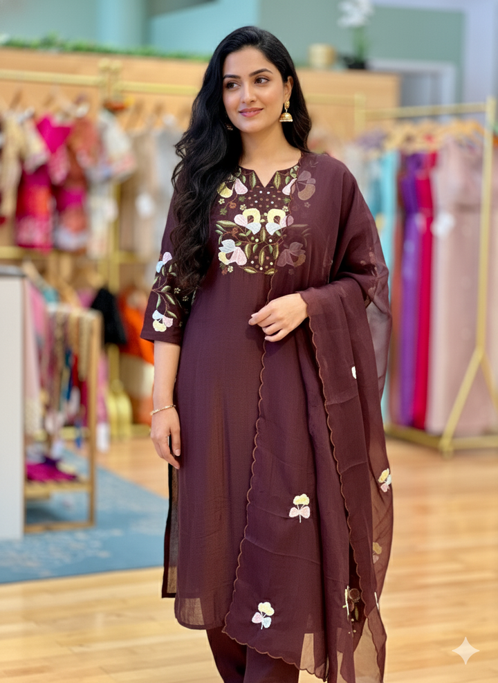 Dark Brown Mul Chanderi Salwar Set