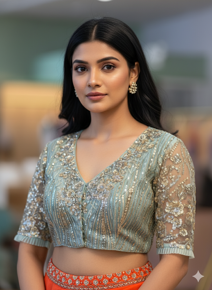 Sage Green Color Hand Embroidered Blouse