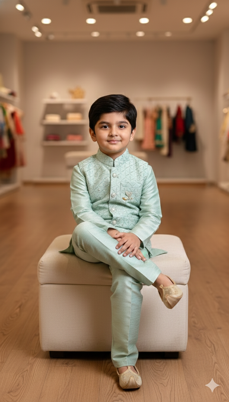 Pastel Mint Kurta Set WIth Sequins Vest