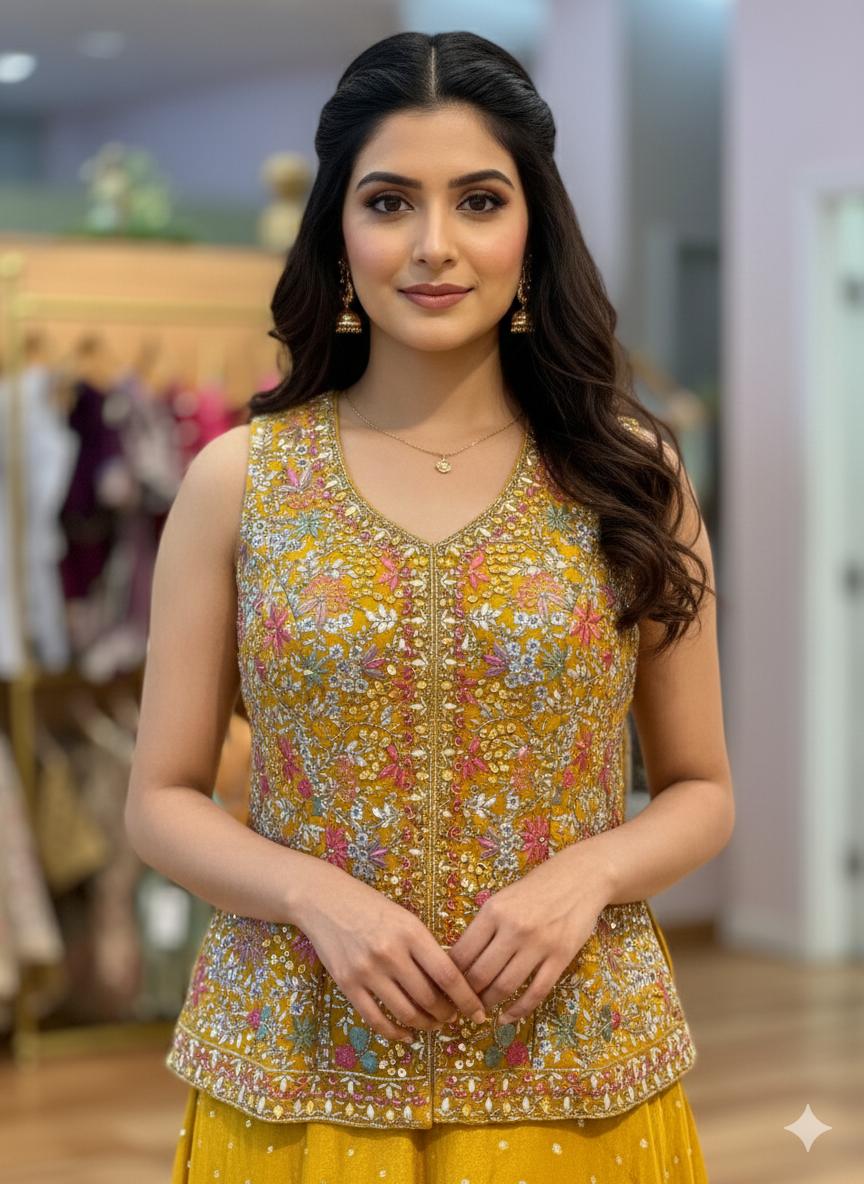 Yellow Sharara With Embroidered Corset Top And Dupatta