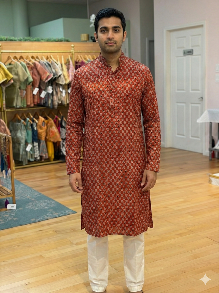 Red Gaji Silk Ajrakh Print Kurta
