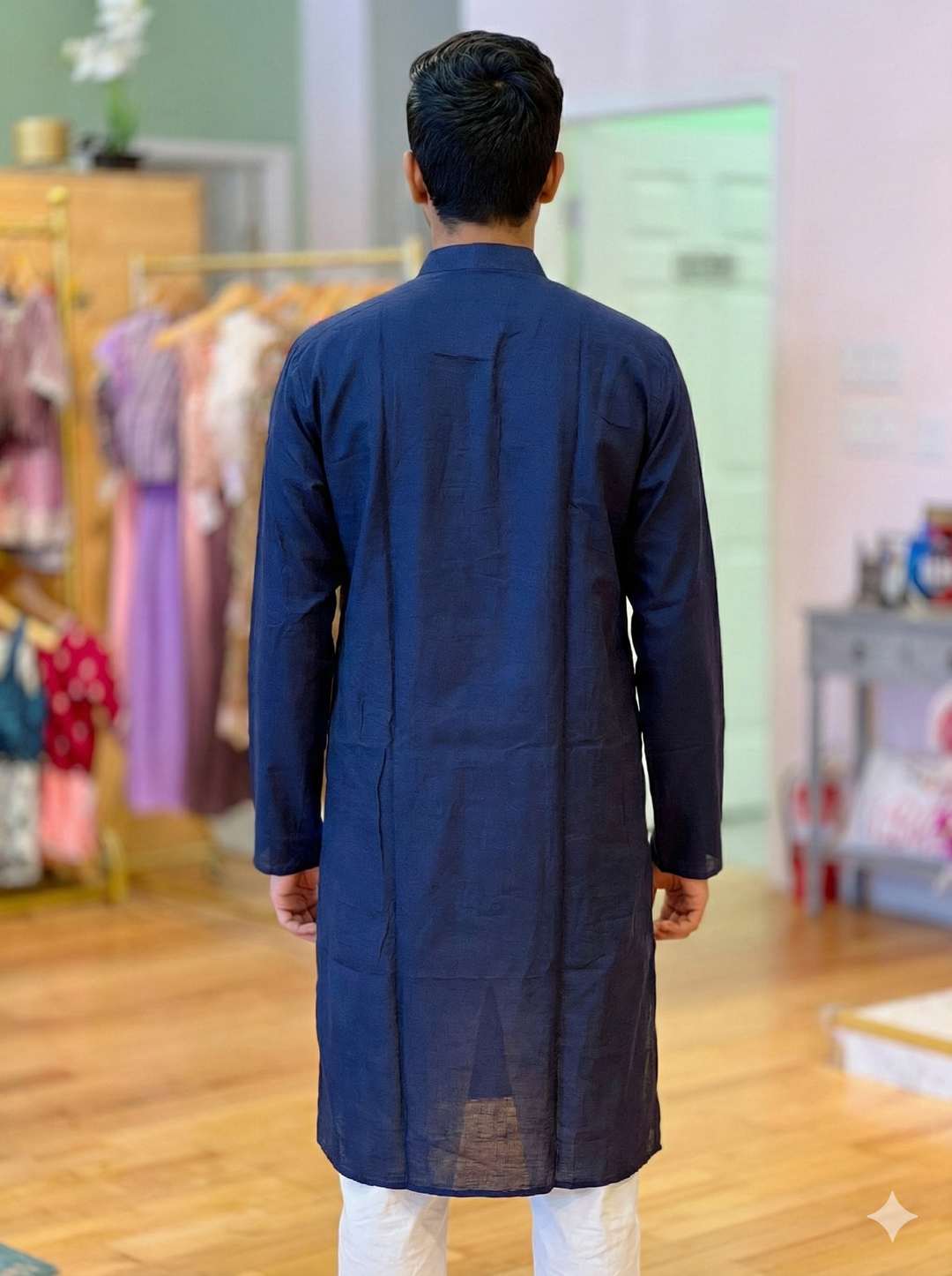 Navy Blue Plain Silk Kurta