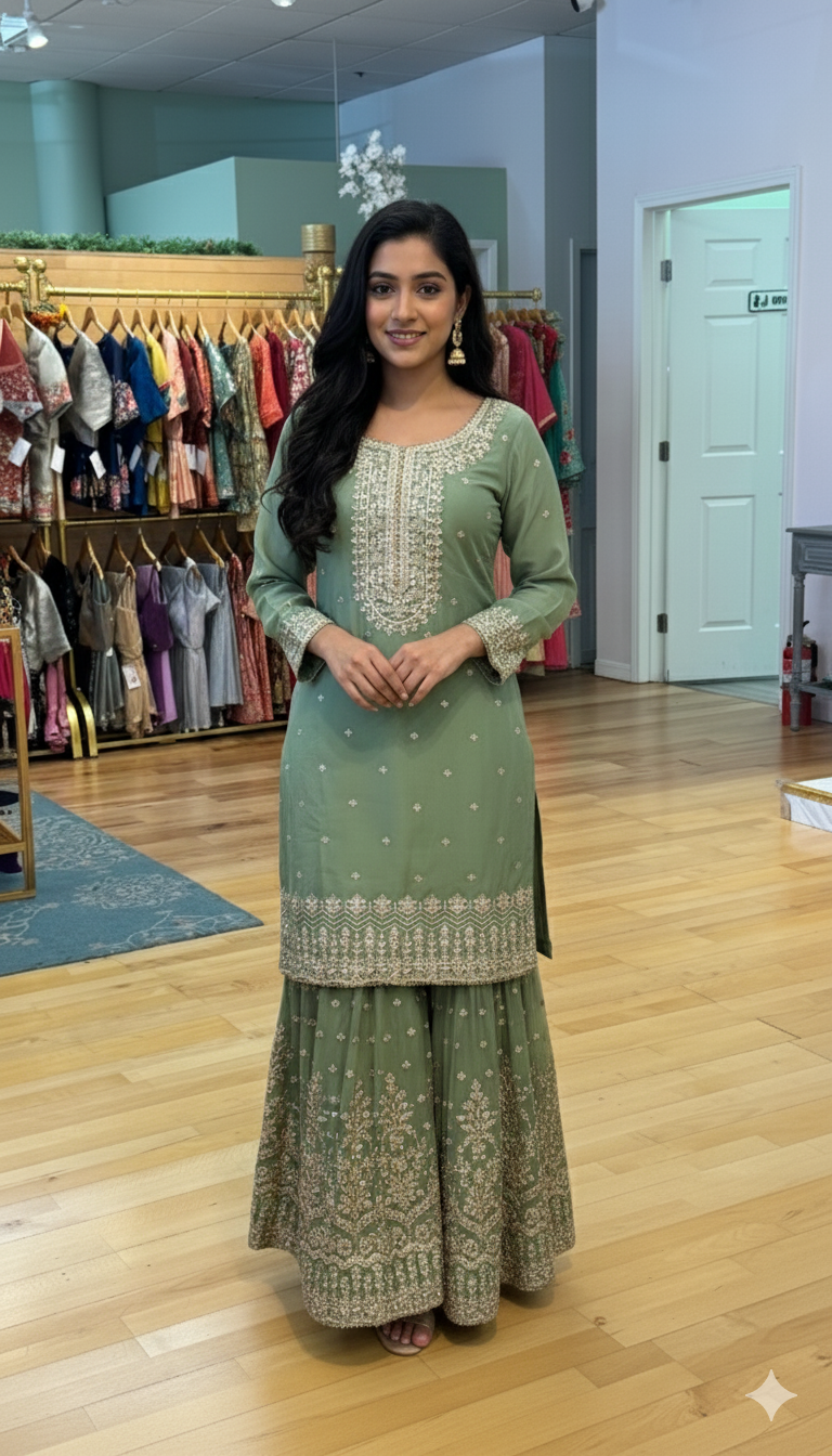 Sage Green Embroidered Sharara Set
