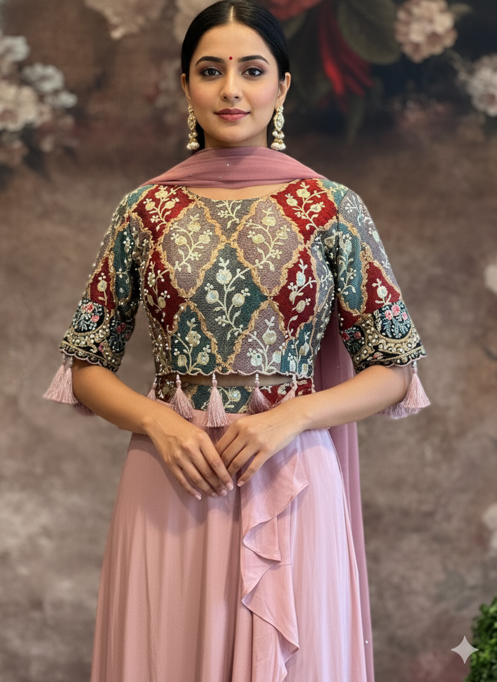 Mauve Pink Draped Skirt With Multi Color FLoral Blouse And Dupatta
