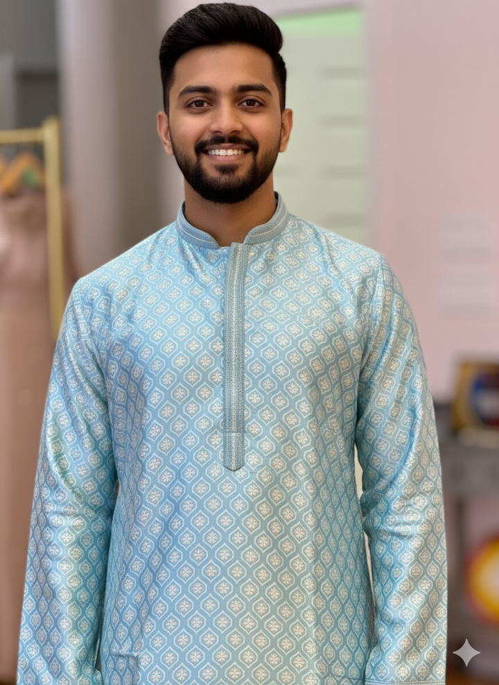 Sky-Blue Banarasi Jacquard Kurta And Pajama