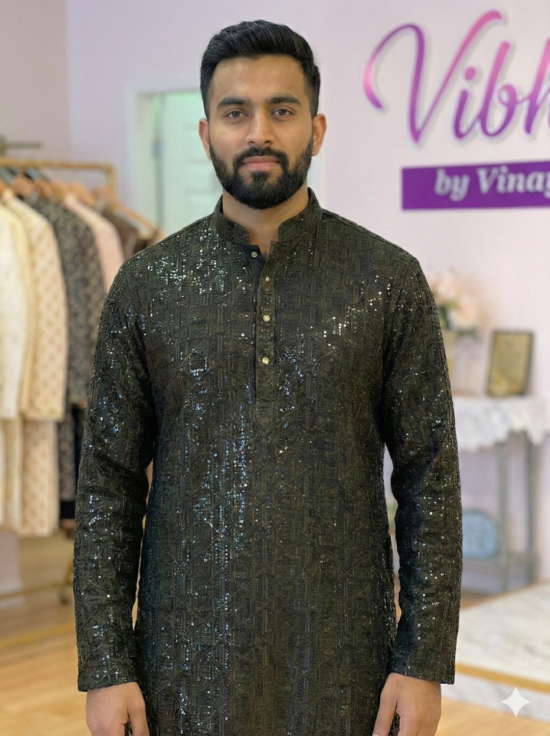 Dark Olive Green Sequins Kurta