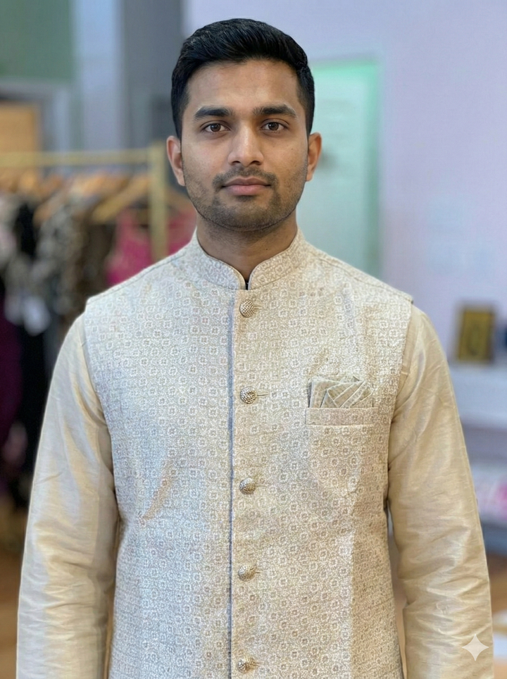 Ivory-Beige Kurta Set with Embroidery Vest