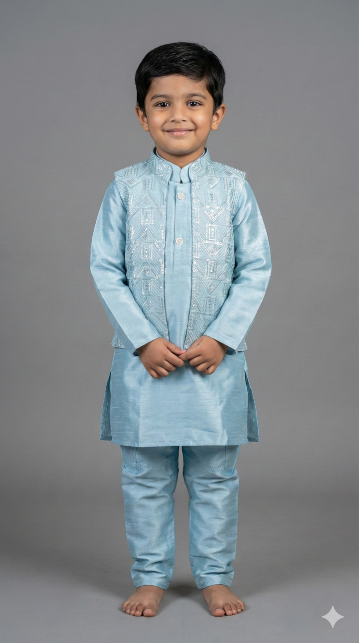 Pastel Blue Kurta Set With Sequins Jacket