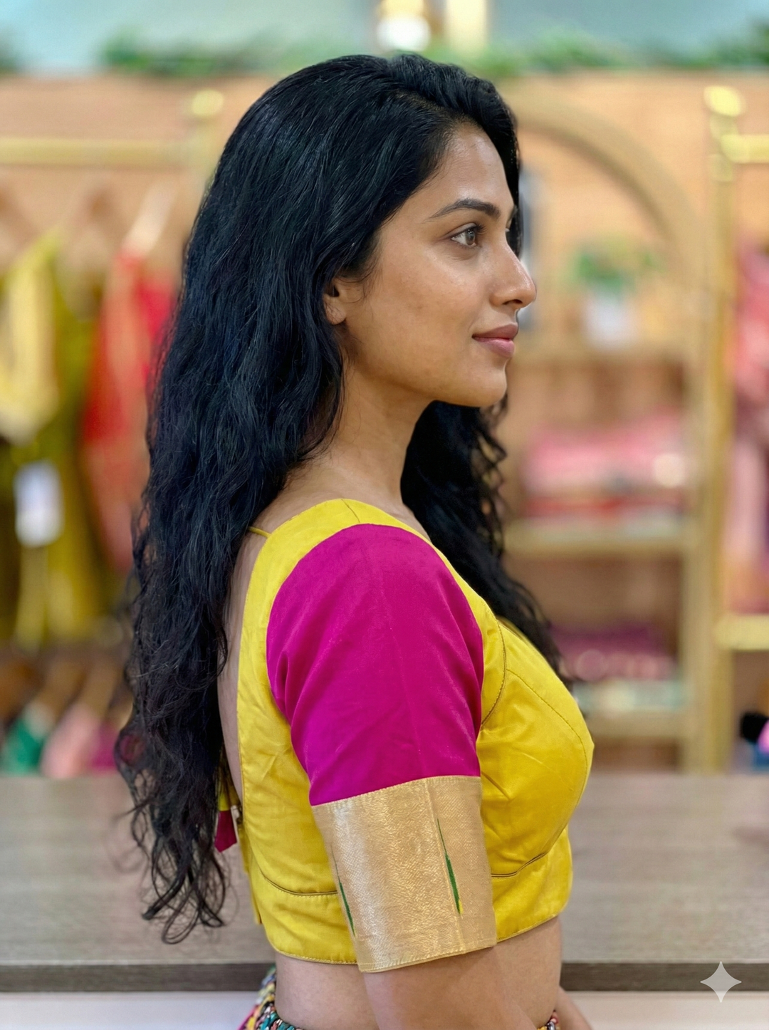 Yellow And Pink Silk Blouse With Paithani Sleeves