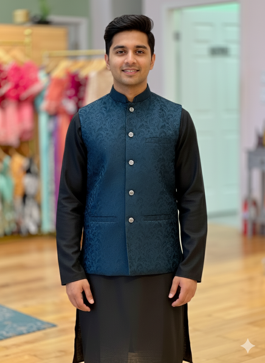 Dark Teal Banarasi Brocade Vest