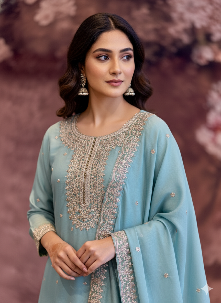 Baby-Blue Heavy-Embroidered Sharara Set