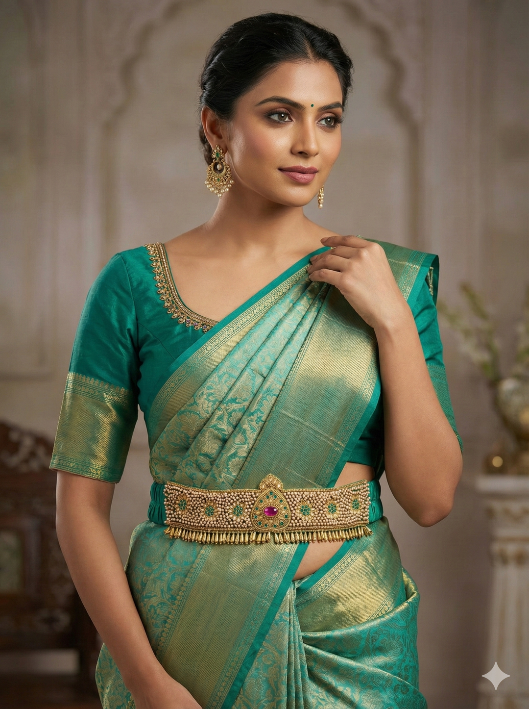 Green Raw Silk Hand Embroidered Waist Belt