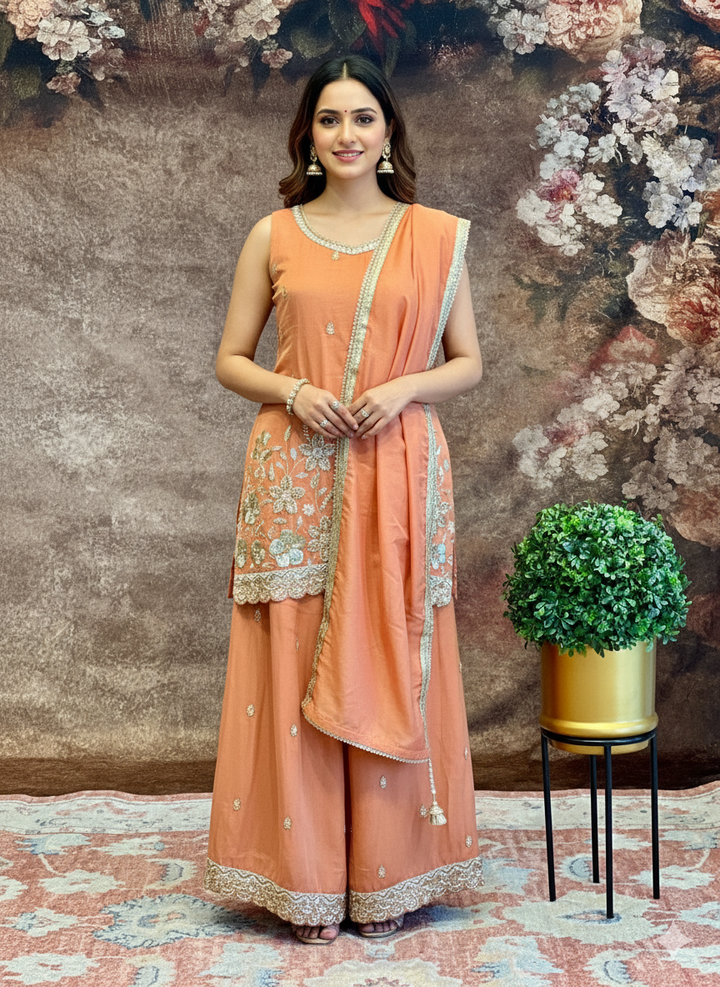 Peach Tissue Embroidered Sharara Set
