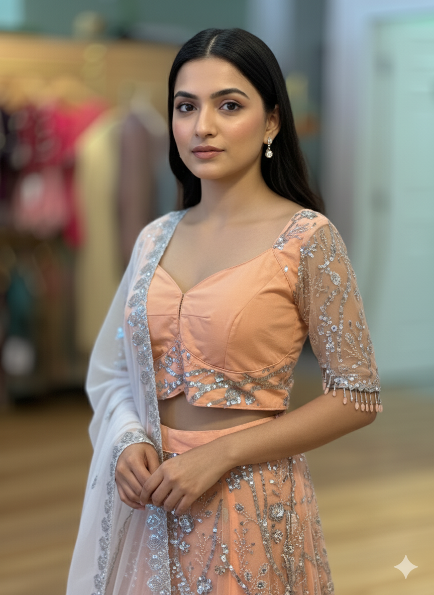 Pastel Peach And Silver Sequins Embroidered Lehenga Set