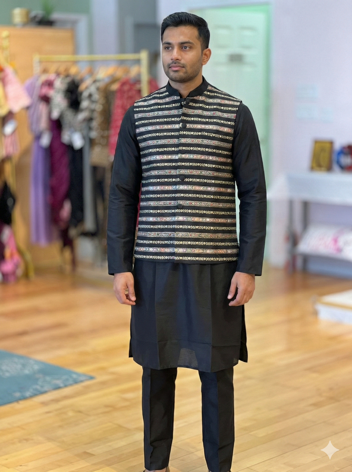 Black Kurtaset with Gold-Embroidered vest