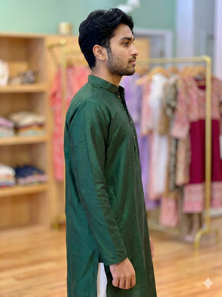 Emerald Green Plain Silk Kurta