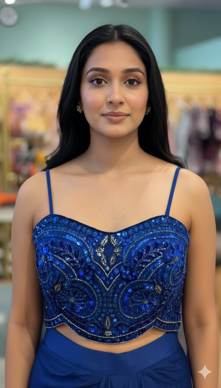 Persian-Blue Draped Skirt With Embroidered Blouse And Cape
