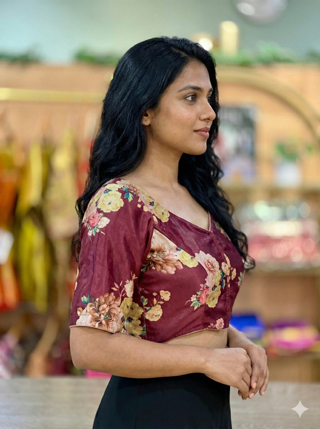 Maroon Floral Print Velvet Blouse