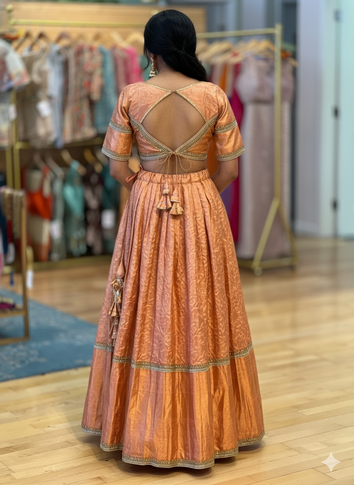 Copper Kanchi Silk Lehenga with Embroidered Borders And Silk Brown Dupatta