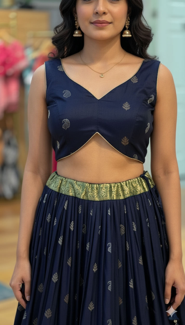 Navy Blue And Green Kanchi Silk Lehenga