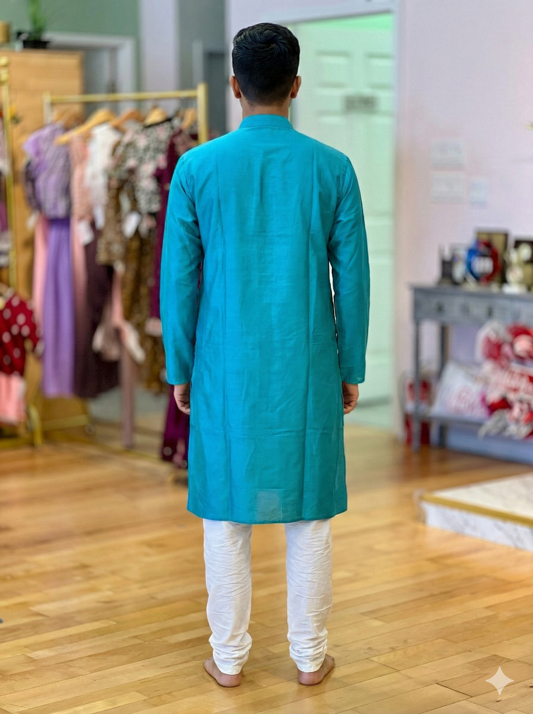 Aqua Blue Plain Silk Kurta